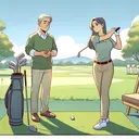 Illustrate an illustrative scene depicting a male character, Raoul, receiving basic golf instructions from his sister, who is a professional golf player. Picture them on a clear, sunny day at a golf course. She is showing the correct posture and swing while Raoul attentively listens. Please create an image without any text.