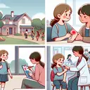 Create an image without any text, showing a peaceful residential scene in the morning with a school-aged girl and her concerned parent at home. The girl bears a prominent red bump on her arm, the size of a quarter. They are in a hurry, readying themselves to head out to a destination. Cut to the next scene where they are seen in a crowded medical waiting room, indicating a busy pediatrician's office. The doctor, a woman with a reassuring posture, checks the girl's arm. Finally, show the bump diminishing in size, indicating recovery, and girl happily getting ready for school again.