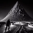 A chilling Canadian winter night scene capturing the severity of a ruthless ice storm. The focal point of this high-contrast monochromatic landscape is a towering, sharply-edged hill resembling a pyramid, made entirely of solid black crystal, reflecting a menacing and divine ambiance. Numerous cars, glowing with phosphorescent colors, slide uncontrollably down the ice-coated hill emanating the danger and fear experienced by the citizens. In the foreground, a man, facing away from the wind, struggles to march forward against the aggressive storm. The scene mirrors the harsh living conditions, symbolizing the relentless fight and survival in nature's extreme circumstances.
