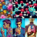 Generate a no text image illustrating the harmful effects of smoking featuring three significant scenes. First one, showing colorful abstract depictions of tar, nicotine, carbon monoxide and insulin molecules, emphasizing nicotine molecule highlighted. Second scene, an individual, a Hispanic male casting long glances at an unlit cigarette, displaying signs of irritability and hunger. Finally, a cross-section of a body, showing the increasing heart rate due to nicotine intake.