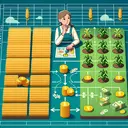 Visualize a vast farmland divided into two, with one side prepared for wheat growing and the other for corn. Show the female farmer in the middle, looking thoughtfully a blueprint showing her farm's layout. Include symbols representing time and money next to each crop to signify the labor and capital required for each. Show stacks of gold coins next to the crops to represent the resulting profit. Everything should be done in a simplistic, infographic-like style, focusing on the mathematical problem at hand rather than realistic portrayal of a farm.