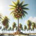 Generate a realistic image showing a detailed tropical environment. Depict a tall coconut tree with lush green foliage reaching a height of 5 meters. The tree is loaded with coconuts, but one coconut in particular stands out. It is larger than the rest, possessing a mass of 2kg, and is perched noticeably high on the tree. The scene should be tranquil, with radiant sunshine casting soft, shifting shadows below the tree. Emphasize the height of the tree and the coconut's height from the ground to hint at the concept of potential energy, without including any text.