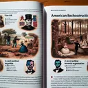 An image of a historical textbook open to a page discussing American Reconstruction. Visible are depictions of period-appropriate people engaged in various activities: Caucasian former Confederate soldiers are seen in a peaceful setting symbolizing 'gun club', there's an ominous secret meeting in the woods which represents 'a secret political terrorist organization', and there are also illustrations of Caucasian individuals in sheets and pillowcases representing 'masquerade'. Intermingled on the page are icons of Presidents Ulysses S. Grant, Rutherford B. Hayes, Andrew Johnson, and Abraham Lincoln. Ultimately, the image contains elements that tie into each multiple-choice question but doesn't favor any particular answer.