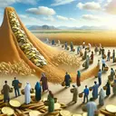 Create a soft-focused, expressive image that represents the economic concept of supply and demand in a grain market. Feature a large pile of golden wheat under a cloudless blue sky in the center. The wheat prices are visualized as small tokens, showing a decrease, represented by the tokens cascading down a mountain situated on the left of the image. On the right, show an increase in consumption with a large group of diverse people, consisting of a middle-eastern man, a white woman, a black woman, and a Hispanic man, standing in line with baskets ready to collect the wheat.