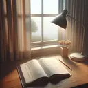 Create an image of an open book resting on a wooden desk, under a soft-lit desk lamp. The book's page shows multiple-choice questions but without any text. There's a pencil resting on the right, near the folded corner. Outside the window next to the desk, a peaceful morning scene with hazy sunlight filtering in through curtains. Please note, the image should contain no readable text.