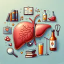 Create a detailed illustration showing the medical concept of cirrhosis, which often results from alcohol abuse. The image should depict a liver with visible signs of scarring, but without any alcohol objects. To provide context, include a medical environment such as a hospital room or a doctor's study, complete with medical books on a shelf and medical equipment. Make sure the illustration is visually appealing and does not contain any text.