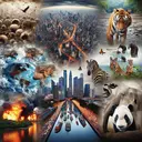 An impactful image illustrating the challenges facing Southeast Asia, comprising factors such as water and air pollution, demonstrated through smoggy skies and polluted rivers; issues of overpopulation, visualized as a densely packed city; endangered animals represented by images of tiger, orangutan, and Asian elephant; and symbols for peace and harmony as a counterpoint for terrorist attacks. This image should evoke a feeling of concern but also empowerment to incite positive change.