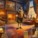 Imagine a scene from a classic play, with a setting that reflects the essence of dramatic irony and tension. The setting includes a vibrantly lit, richly furnished room from a nobleman's house in the Shakespearean era, complete with decorative tapestries and intricate wooden furniture. In one part of the room, a middle-aged, Caucasian man in Elizabethan attire is gesturing animatedly, a look of determination on his face as he plans for a festive occasion. In another part of the room, visual elements hinting towards a deceptive calm, such as a lone candle burning steadily or a 'prepared' wedding dress. The overall aura exhibits hopeful planning but also carries an underlying sense of impending doom.