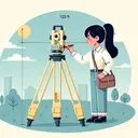 Illustrate a scene where a surveyor, dressed professionally, is measuring the height of a pole. The surveyor, a Hispanic woman, is standing 120 feet away from the tall pole. She uses a transit, a device used for surveying, that is set up on a tripod and measures approximately 8 feet in height. She is determining the angle of elevation to the top of the pole. The angle is represented as 36 degrees in the image. Make sure no text is included in the image.
