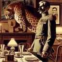 A suspenseful scene associated with 'The Most Dangerous Game'. Depict a mysterious character drawn in a classic, early 20th-century illustration style, with a resemblance to an aristocratic military officer. The character should be poised in a luxurious indoor setting that includes elements reflecting a passion for hunting, like a mounted leopard head and a well-appointed table set for an imminent dinner. Additionally, subtly incorporate the idea of danger, perhaps with the hint of a large game hunting weapon near our character general.