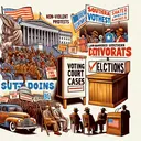 Create an artistic illustration that visualizes aspects of American history post World War II. The depiction should include symbolic representations for the civil rights movement, such as symbols of non-violent protests like sit-ins and boycotts, an old-fashioned ballot box representing elections- hinting at the involvement of Southern Democrats and the influence of landmark court cases on voting rights. No text should be included in the image.