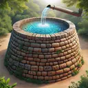 Create a vivid and detailed image of a conical cistern located outdoors under an open sky. The cistern is made of rustic stone and is 10 feet across the top, with a depth of 12 feet. There is crystal clear water being poured into the cistern continuously, resembling a small waterfall, showing the process of filling it. The water inside the cistern is represented at a depth of 8 feet, with visible depth markers on the side. The surrounding scene should be tranquil, with the cistern situated among green foliage.