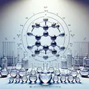 Generate an image of a chemistry-themed scene, featuring a molecular model of Mercury(II) sulfide, HgS, in the center. Surround this model with different lab glassware filled with varying amounts of pure water. Each piece of glassware should display distinctly different volumes, starting from low to high, to represent various quantities of water. The scene should be set in a laboratory environment at room temperature, emphasizing on the 25 degrees Celsius. Ensure the image contains no text.