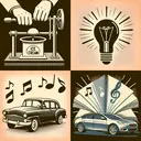 Generate an illustrative image that represents four distinct facets. One facet could be a hand cranking an old-fashioned ice cream maker, another could be a light bulb illuminating above a man's head symbolizing an idea for an invention, the third could depict an open songbook with visible musical notes (avoiding text), and the last one could show a car shining under the sun, with a speed symbol hovering beside it, indicating a quicker car washing system.