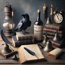 Create a visually appealing and thematic study scene with various elements related to Edgar Allan Poe's works. Include a raven, signifying the poem 'The Raven', a set of bells to symbolize 'The Bells' poem, and a cask filled with Amontillado wine for the 'Cask of Amontillado' story. Add an antique quill, paper and oil lamp for a classic touch. The setting should feel serene, like a quiet study room filled with old books. Please remember not to include any text within the image.
