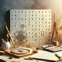 A serene, educational themed image. In the foreground, dominate a couple of partially filled number grids on a desk. The first grid has the numbers 3 and 5 filled, hinting towards a number sequence pattern. Similarly, the second grid has the numbers 5 and 9 filled, suggesting another number sequence pattern, all aligned to resonate with the concept of mathematical patterns through simple rules, namely 2n+1 and 4n+1. Ensure the desk is adorned with mathematical tools: a compass, a protractor, and a scientific calculator, alongside scattered loose sheets of paper with small mathematical doodles. No textual content is to be included.