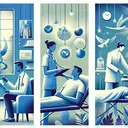 An image showcasing three different ways to physically treat a medical condition. Create artistic impressions of a peaceful therapy session taking place in a calm and soothing environment for psychological therapy, symbolized by a clinician speaking to a client. Then, depict physical therapy as an individual exercising under the guidance of a professional in a clinical setting equipped with exercise machines. Lastly, illustrate massage therapy: a person laying on a massage table, receiving a relaxing treatment from a skilled therapist. Ensure the scene is inviting and communicates the healing nature of these practices, without featuring any text.