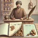 Create a detailed image of a shopkeeper standing behind a wooden counter in his shop. The shopkeeper, a Middle-Eastern man with a friendly smile, is dressed in comfortable, casual clothing. In front of him on the counter is an open ledger book, a feather pen, and an ancient-looking article which can't be discerned, giving a cost of 360 coins spread around. In a separate pile, there are 40 coins representing the profit. To display the concept of discount, use visual metaphor such as a price tag with a corner pealed back to reveal a lower price. However, remember the image should contain no text.