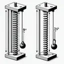 Depict an image showing a metal spring suspended vertically. At the top have the spring linked to a stable structure. In one side, illustrate the spring extended to 9 inches in length, with a 2-pound weight hanging at the end. On the other side, the same spring is stretched to 13.5 inches long with a 5-pound weight suspended. Please take care to not include any text in the image.