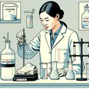 An illustration embodying the concept of a chemistry experiment taking place. Depict a scientist with Asian descent and female gender in a lab coat, carefully measuring limestone with a scale. In one corner of the room, there are glass beakers containing clear liquids representing hydrochloric acid and sodium hydroxide. Emphasize the action of reaction between the substances without any textual representation. This image should give a sense of precision and scientific investigation.