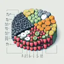 A still life illustration on a white background, featuring an array of 40 fruits, with 8 different types of fruits representing the digital expression of '40 divided by the sum of 3 and 5', placing emphasis on the visual representation of the mathematical operation. The quantity juxtaposition makes it clear that division is to take place. To keep it simple and minimalistic, the illustration doesn't contain any text.