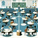An image showing a well-lit classroom with round tables, each hosting students from diverse backgrounds. Imagine an equal number of boys and girls, all glancing down at their test papers, pencils in hand, and expressions of concentration on their faces. The classroom walls are adorned with educational posters related to math, and there is a visual element of balance scales, hinting at the balance in percentage of boys and girls.