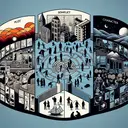 A visually compelling image that showcases the components of a story. Picture three distinct sections forming a triptych. The left section acts as a representation of plot and conflict, with symbolic visuals such as intersecting arcs of storyline or a maze to represent complexity. The middle section depicts a setting, perhaps a collage of different environments, showcasing various times of day and differing climate areas; a cityscape, a rural landscape, an outer space environment, a historical era. The right section should epitomize characters, portraying silhouettes of various people expressing a range of emotions.