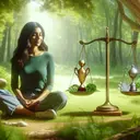 Visualize a tranquil scene that represents self-actualization and the process of developing self-esteem. Start with a person, of South Asian descent and female, sitting in a serene natural environment, perhaps a lush green park. She is deep in thought, with a peaceful smile on her face. A balance scale stands beside her, one side displaying a golden trophy (symbolizing strengths) and the other side showing a silver trophy but a bit smaller (representing weaknesses), denoting the importance of recognizing both. This scene should evoke a sense of harmony, balance, and personal growth.