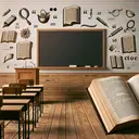 Generate an image that symbolizes language, literacy, punctuation, and learning. This can be represented by a composition of an empty classroom with desks and chairs oriented towards a chalkboard, an open book with emphatic underlines and quotations marks drawn around some unseen text, and a wooden lectern showcasing a closed book. The scene should be filled with a peaceful, studious vibe, despite the absence of any people present in the scene.