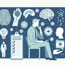 An engaging image illustrating the concepts of a test or questionnaire on mental health. The image should depict a variety of symbolic elements related to mental health, such as the brain, neuron connections, a person in thought, and a representation of therapy settings. However, the image must be void of any text. It should appropriately communicate the serious nature of the subject matter of mental health.