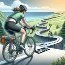 An illustrative image where a woman is riding a bicycle on a winding road that illustrates the concept given. The road is divided into two sections. The first 350 km is smoother and well-maintained, displaying the woman riding energetically on this section. The remaining 120 km of the journey is rough and unpaved, showing the woman riding slower on this part. The background showcases a picturesque landscape with trees, hills and a clear blue sky. The woman is Caucasian and wears casual cycling clothing. The bicycle is decked with the necessary equipment, reflecting a long journey.