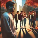 Create an autumnal city landscape with a diverse group of adolescents hanging out together. One of them stands apart, observing the group with a thoughtful and reticent demeanor, clearly separated but still part of the group. This individual appears to be intentionally keeping a distance, embodying solitude amidst the bustle. The setting sun paints the scene with soft hues of orange and pink, casting long shadows and creating a somewhat solemn mood.