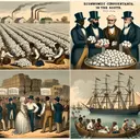 Illustrate the economic circumstances in the South in 1828 concerning the increased tariff. Showing the vast cotton fields with plantation owners and workers looking worried and discussing while holding cotton in their hands. Also show a southeastern port with ships loaded with cotton bales, with merchants appearing unhappy about the large tariff signs posted.
