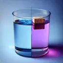 Generate an image that represents the scientific concept of density and buoyancy. The scene should depict two separate containers of liquids side by side. One container is filled with water – use a hue of cool blue to depict this. In this container, a piece of wood, subtly detailed with a grain-like pattern, is floating freely on the surface of the water. The second container is filled with a liquid that symbolizes methylated spirits – use a vibrant purple to differentiate it. In this container, the same kind of wooden piece is at the bottom, signifying that it has sunk.