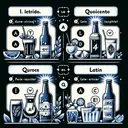 Illustrate a concept associated with a multiple choice language learning quiz. Show a table with four options in a Latin-style setup without any textual elements, using four different beverages to represent the options visually. The four beverages should be seen as individually distinct, with one shining brighter to signify the correct answer. Please remember to not to include any text in the image.