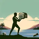Generate a symbolic image representing the concept of self-government. Illustrate a figure holding a miniaturized building, representing a government institution, in their hands. The personality should be a metaphor for the people of Puerto Rico (avoid stereotyping). Additionally, the background should subtly hint at the Puerto Rican Tropics, perhaps with a sunset over the ocean and a silhouette of palm trees on the horizon. Remember the image must contain no text.