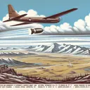 Illustration of a military scene, showing a level fight bomber in action. In the sky, the bomber is rendered at high speeds indicating it's about 300 ft/s. A bomb has just been released from the aircraft which itself is at an elevation of 6400 ft. Below the aircraft, there's a landscape of open fields and mountains, portraying the vast distance the bomb must travel. Still, no objects, towns, or people are experienced in the target area. Also, note that the image includes no text.