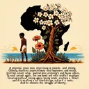 Illustrate an image symbolizing key elements from the poem 'Africa' described in the text. Highlight an impetuous young son standing near a tree that is young and strong, showcasing splendid beauty among white and faded flowers. This is a metaphor for Africa, depicted as being patient and obstinate, growing yet again while its fruit develops a bitter taste, portraying the struggle for liberty. Please refrain from any textual content in the image.