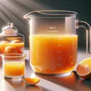 Illustrate a close-up image of a transparent glass jug filled with half-strength orange juice. The juice fills the jug to a 400mL mark. Nearby, show a small container, possibly a measuring cup, filled up to 100mL with full-strength orange juice, ready to be mixed into the jug. The scene is placed on a neatly arranged table with diffused sunlight illuminating the whole setup. Please note that the image should not contain any text.