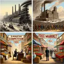 Create an image illustrating four different situations relating to industrial and economic evolution. The first one should show a steel mill from the 19th century showcasing the process of mass-producing steel. The second scene should portray a 19th-century oil company dropping prices, perhaps with a shopkeeper changing the numbers on a sign. The third scene should depict a free market, visually symbolized by a bustling marketplace with individual business owners negotiating prices. The fourth and final scene should represent the concept of eliminating competition in business, for instance, a business magnate sitting at a desk planning strategies.