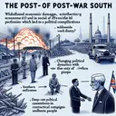Illustrate an image depicting the post-war South, characterized by its economic and social issues which further led to political complications. Make sure not to include any text in the image, but visually represent the key aspects mentioned in the options: widespread economic damage, changing political dynamics with the entry of new politicians, deep-set resentment between southern and northern people, and financial hurdles in conducting political campaigns and elections.