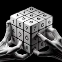 A detailed image of a disturbingly gleaming white cube, perfectly proportioned, placed against a strikingly black background. Each face of the cube is adorned with a different number, ranging from one to six, represented by imprinted dots. A pair of unseen hands is shown in the act of rolling the cube, conveying a sense of motion. There is a sense of anticipation, waiting for the result of the roll. The image captures a moment frozen in time that indicates the theoretical prospect of the cube being rolled 36 times.