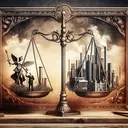 Create a visually striking image showing a balance scale. On one pan, symbolically depict a small government figure (small, non-detailed human figure holding a staff of governance). On the other pan, depict large towering buildings and industries, representing the business sector. The scale is tipping towards the side of businesses. Surrounding the scale, depict an ornate frame that connotes a bygone era, giving a hint of historical context. Do not include any text in the image.
