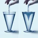 Generate an image portraying a conical cup that is 12cm in height. It's made of clear, cool blue glass, allowing us to visualize the water within. Show two scenarios in the image: In the first scenario, water is being poured into the cup, filling it up to a 9cm depth. It's not filled to the brim, but only 75% of the total cup's capacity. Make sure to depict the pouring action and the rising water level. In the second scenario, the cup is filled with water up to a point, representing 75% of the full capacity, without showing how deep the water is. There is no text in the image.