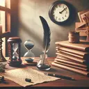 Create an image showing a vintage wooden desk in soft light, equipped with an inkwell and a quill. Beside, there is an hourglass measuring a quarter of an hour, next to a single page filled with handwritten text. Across the room, a wall clock shows 3 and a half hours have passed and on the desk are 14 pages, neatly stacked, indicating productivity.