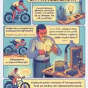 Create an image visualizing the scenario of a man who can be of any descent showing innovation, endurance, and self-correction. The man, known as Marcus, is depicted making adjustments to his invention - a lightweight, unique bicycle helmet light. He struggles initially at spring festivals but finds more success later at gatherings of bike enthusiasts and a booth at a sporting goods store. Graphically depict the rise in his profit without explicitly stating it. Show the positive incentives of entrepreneurship like being your own boss and organizing productive resources.