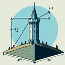 Generate an illustration that clearly highlights a geometry problem setup. A point on level ground is shown 42 meters away from the base of an imposing tower. The point and the top of the tower are connected by a line, symbolizing the line of sight, which forms an angle of elevation of 36 degrees with the ground. Please ensure that the illustration is appealing and contains no text.