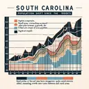 Illustrate a graph showing a summary of South Carolina's population shift since the 1950s. There should be four sections on this graph. Section A represents an upward trend, signifying an increased and more urban population. Section B demonstrates rural areas overtaking urban in terms of growth, having a steeper slope than urban areas. Section C showcases a downward trend implying a decrease in urban population. Lastly, Section D shows parallel lines indicating similar growth rates between urban and rural areas. Be sure to avoid any text in the image.