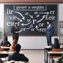 A scene in a classroom, with a blackboard at the forefront. On the blackboard, we can see chalk diagrammatic sketches illustrating the conjugation rules for verbs - the verbs themselves aren't written. The diagram shows a generic 'ir' ending verb changing to 'ar', 'or', and 'er' endings. In addition to this, other parts of the classroom are visible, such as desks and chairs. A Middle-Eastern male teacher and a South Asian female student are engaged in a discussion about the grammar rules, showing their active interaction over the subject.
