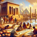 A warm, evocative scene of ancient Egypt. Imagine a large stone building located near the Nile River, with lotus flowers blooming by the water edge. There is group of children on the ground, in front of the building, practicing calligraphy on papyrus scrolls, using reed pens dipped in black ink. A group of adults, of varied descents, are watching them approvingly, guiding them through the art. In the distance, one can see limestone obelisks and grand pyramids under a cloudless, azure sky.
